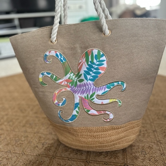 Floral Octopus Embroidered on Tan Canvas, Rope Handled Beach Bag Tote - Picture 3 of 9